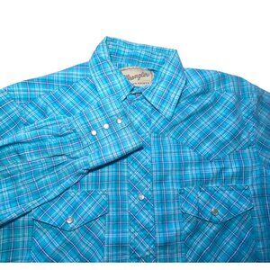 Wrangler Mens Western Shirt Turquoise Plaid Long Sleeve Pearl Snap Front Pockets